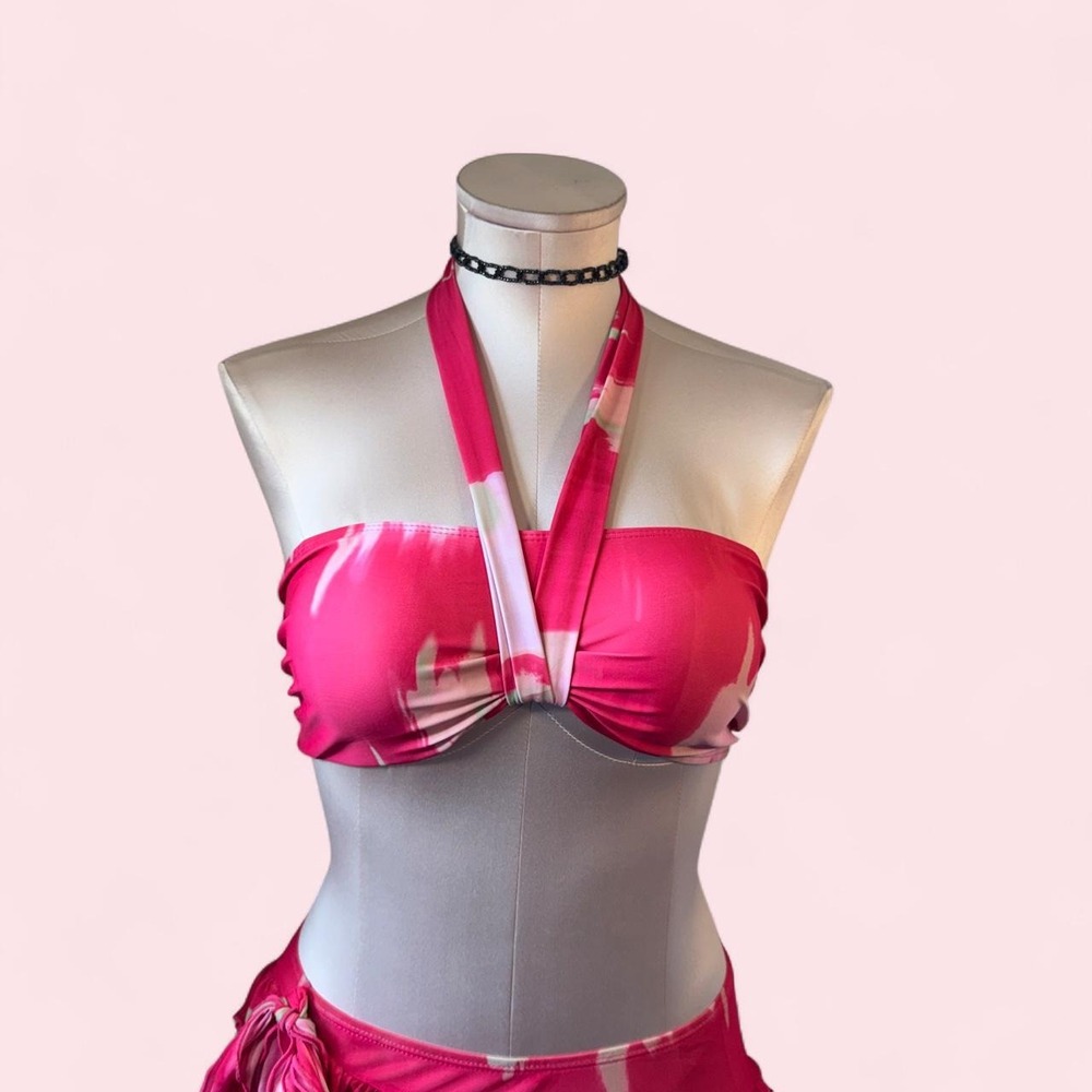 Hot pink satin bikini set with a halter bandeau top and matching ruffled skirT